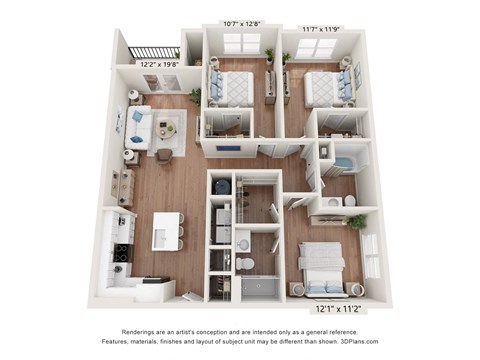 Floor plan for 3 beds, 2 baths, 1338 sqft